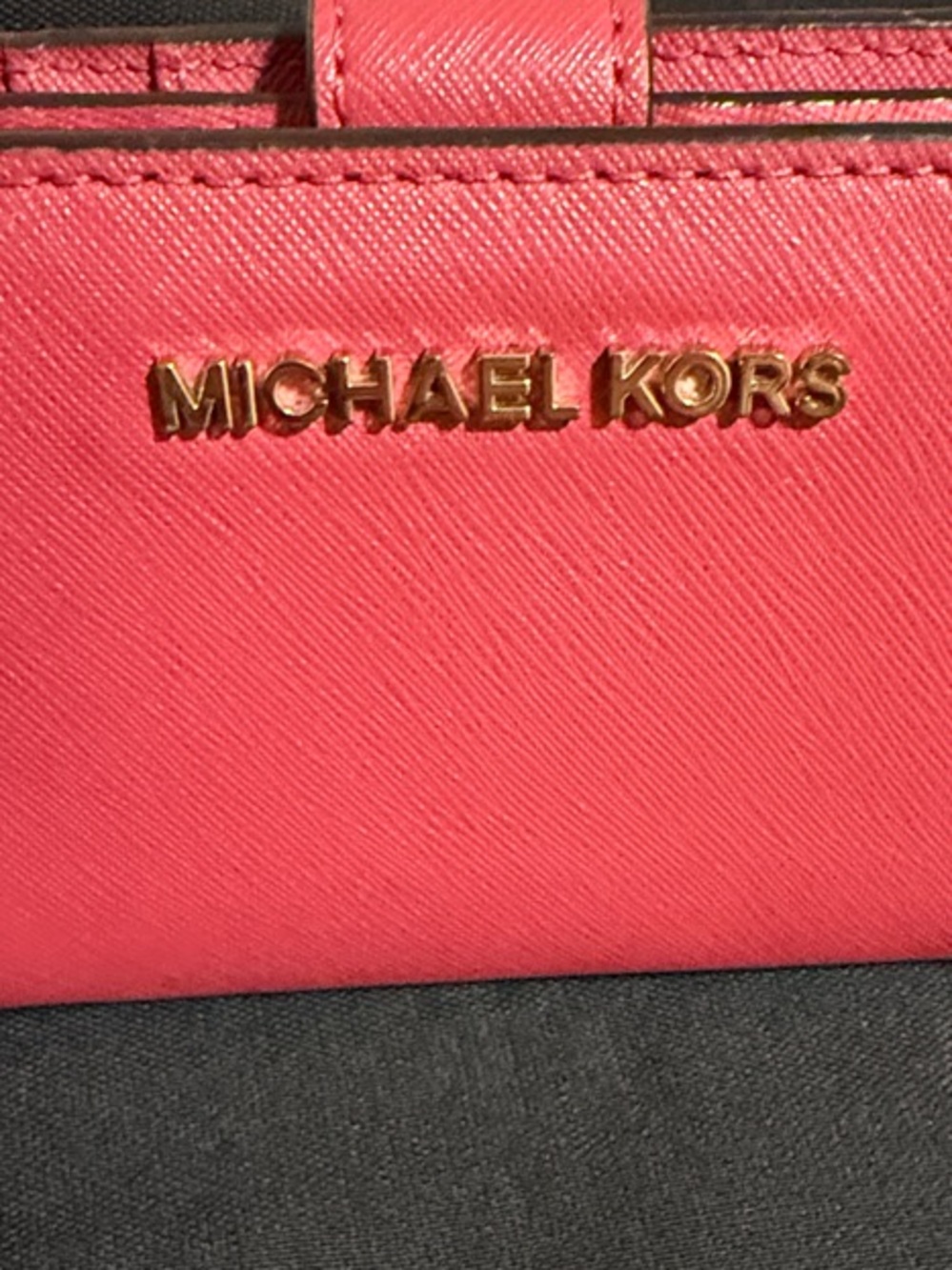 Michael Kors Coral-Pink Saffiano Leather Card Wallet with Gold Logo
